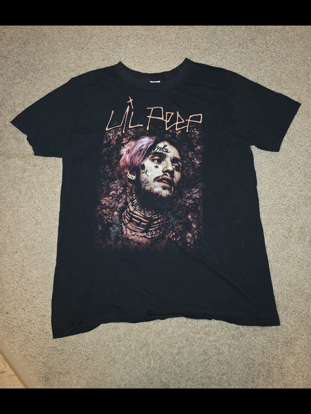Lil Peep Portrait T-Shirt Distressed Punk Rap Y2K Baby Black Cotton Large